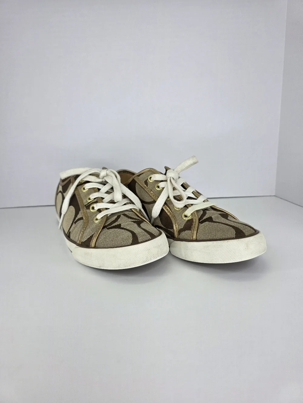Y2K COACH Dalia II C Signature Classic Khaki Gold Brown Tennis Shoes Size 7.5 B